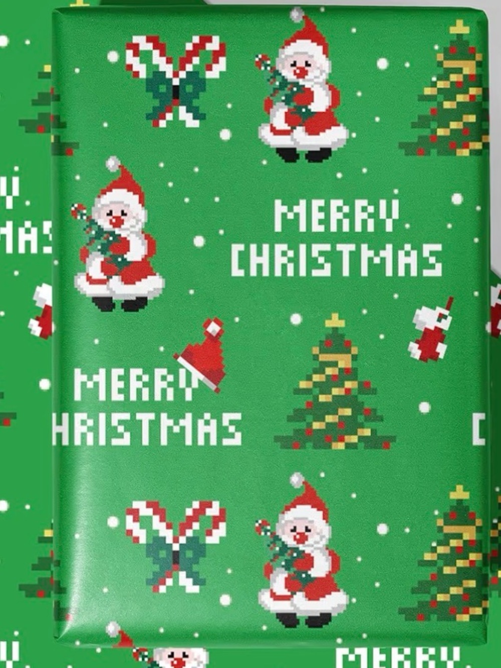 Green Christmas Wrapping Paper Pixel Santa & Tree (4) Sheets 40”x28” Each Sheet